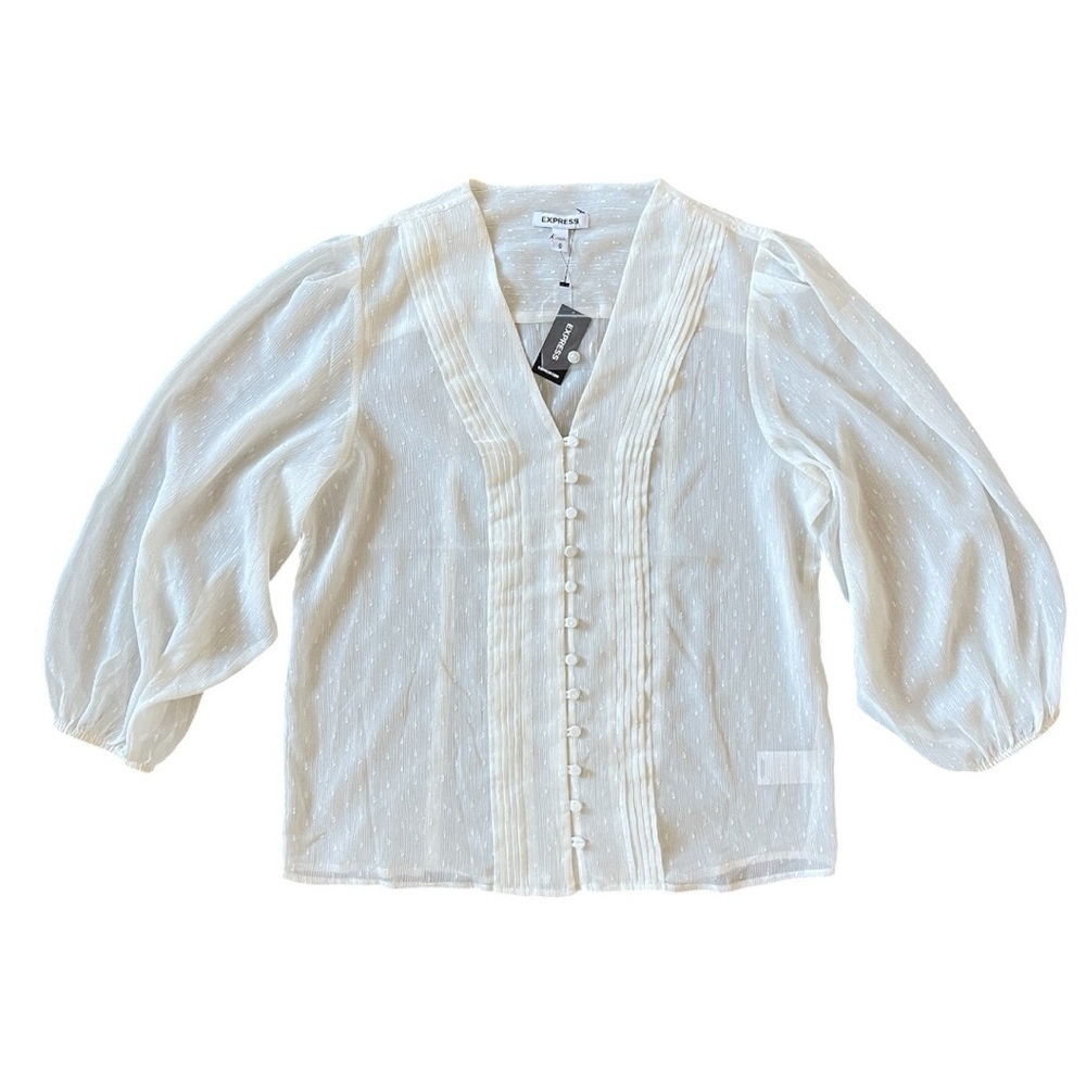 Express White Metallic Pleated Button Front Blouse Size M - Picture 3 of 5